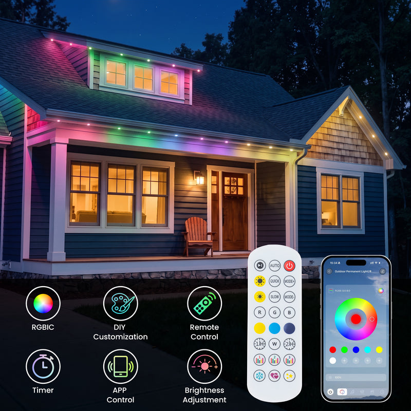C Cattleya 100FT Permanent Outdoor Light with APP/Remote Control,RGB & IC LED String Light for House