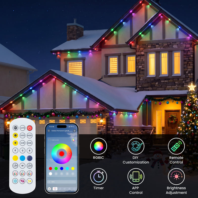C Cattleya 200FT Permanent Outdoor Light with APP/Remote Control,RGB & IC LED String Light for House