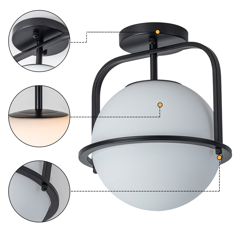 C Cattleya 1-Light Matte Black Semi Flush Mount with Opal Glass Shade