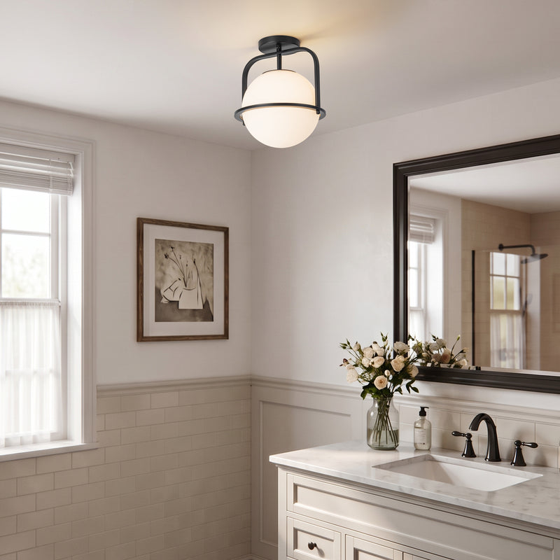 C Cattleya 1-Light Matte Black Semi Flush Mount with Opal Glass Shade