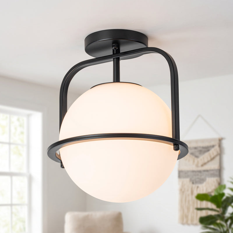 C Cattleya 1-Light Matte Black Semi Flush Mount with Opal Glass Shade
