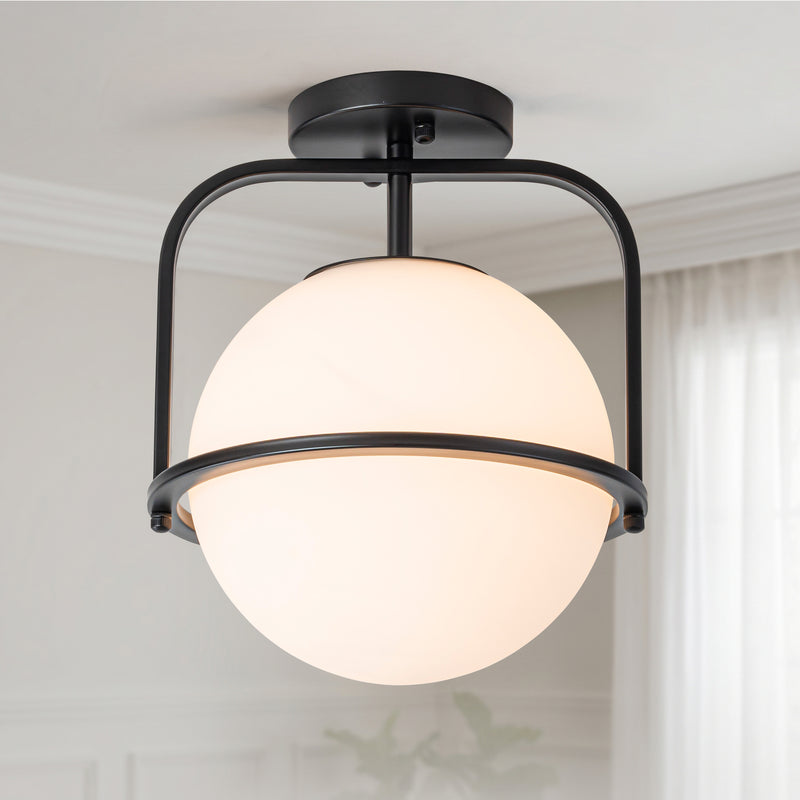 C Cattleya 1-Light Matte Black Semi Flush Mount with Opal Glass Shade