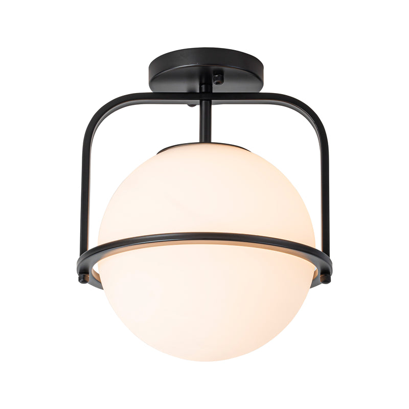 C Cattleya 1-Light Matte Black Semi Flush Mount with Opal Glass Shade