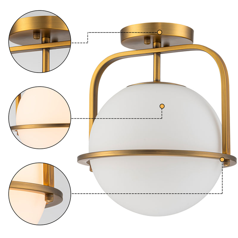 C Cattleya 1-Light Antique Brass Sphere Semi Flush Mount with Opal Glass Shade