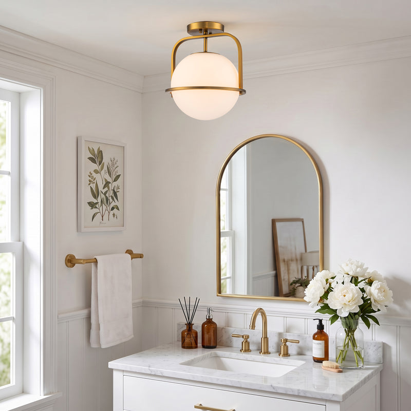 C Cattleya 1-Light Antique Brass Sphere Semi Flush Mount with Opal Glass Shade
