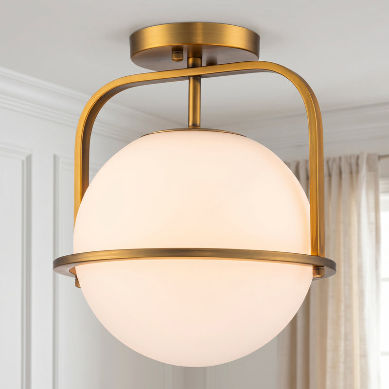 C Cattleya 1-Light Antique Brass Sphere Semi Flush Mount with Opal Glass Shade