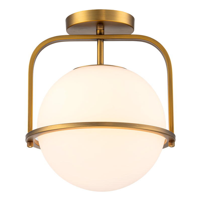 C Cattleya 1-Light Antique Brass Sphere Semi Flush Mount with Opal Glass Shade