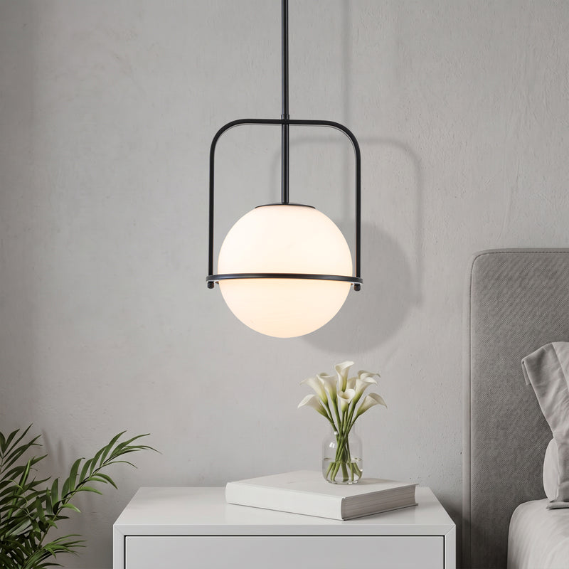 C Cattleya 1-Light Matte Black Sphere Pendant Light with Opal Glass Shade