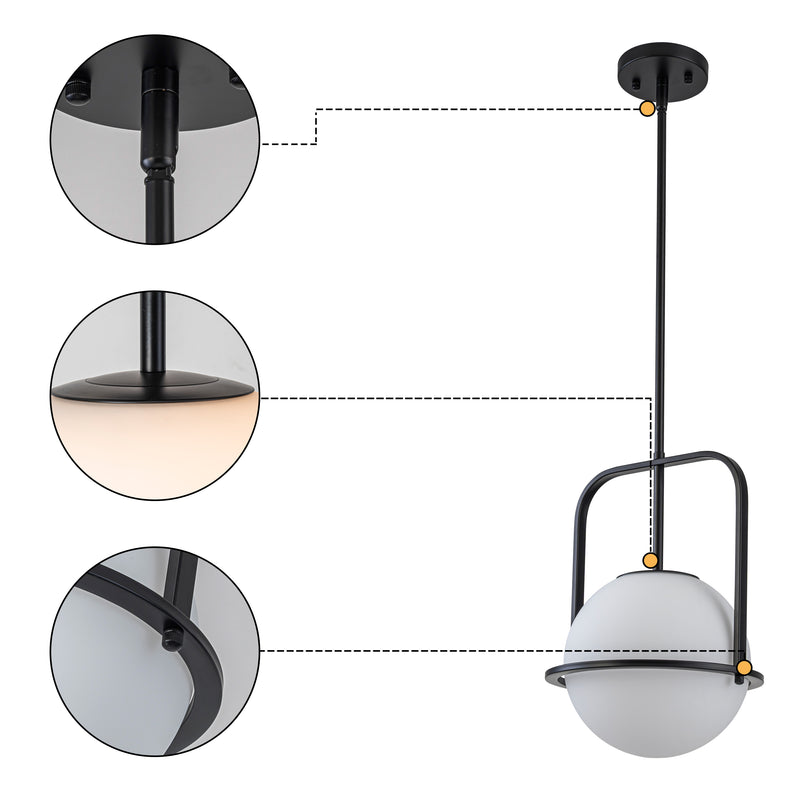 C Cattleya 1-Light Matte Black Sphere Pendant Light with Opal Glass Shade