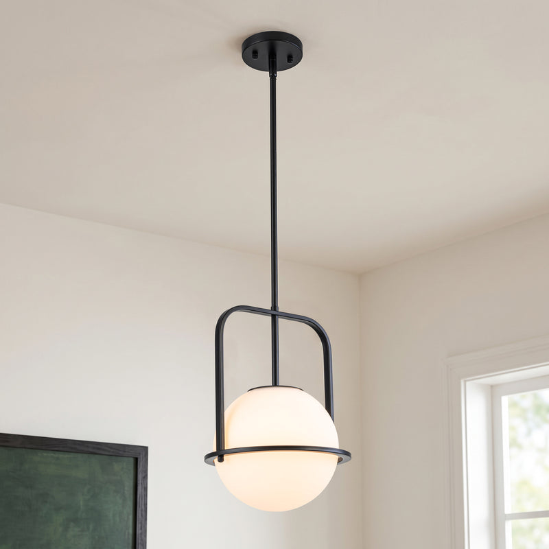C Cattleya 1-Light Matte Black Sphere Pendant Light with Opal Glass Shade
