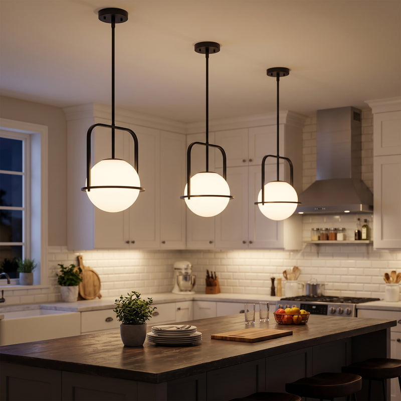 C Cattleya 1-Light Matte Black Sphere Pendant Light with Opal Glass Shade