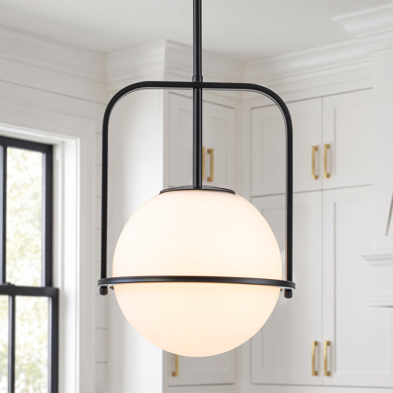 C Cattleya 1-Light Matte Black Sphere Pendant Light with Opal Glass Shade