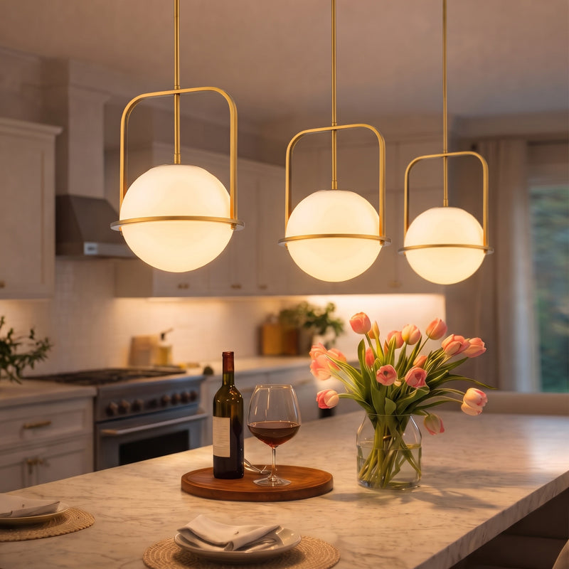 C Cattleya 1-Light Antique Brass Sphere Pendant Light with Opal Glass Shade