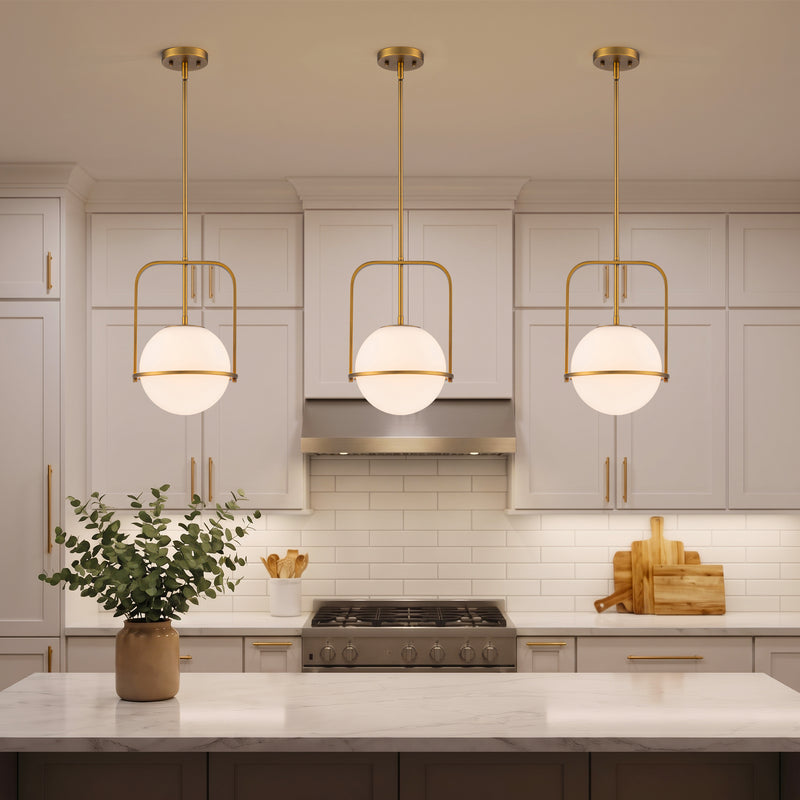 C Cattleya 1-Light Antique Brass Sphere Pendant Light with Opal Glass Shade