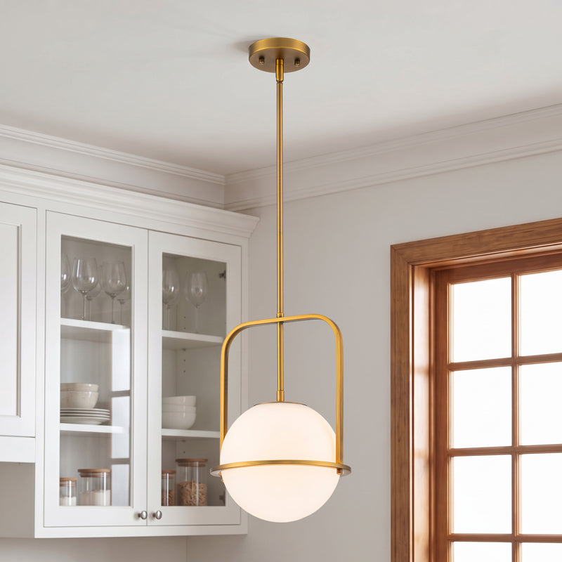 C Cattleya 1-Light Antique Brass Sphere Pendant Light with Opal Glass Shade