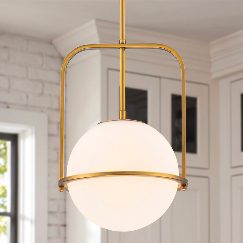 C Cattleya 1-Light Antique Brass Sphere Pendant Light with Opal Glass Shade