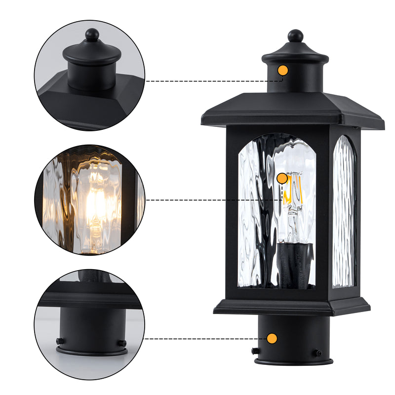 C Cattleya 14.5" Matte Black Outdoor Post Lantern with Water Ripple Glass