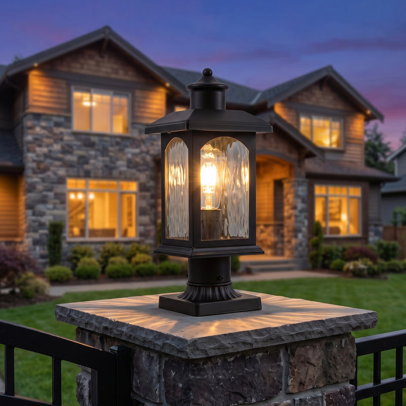 C Cattleya 14.5" Matte Black Outdoor Post Lantern with Water Ripple Glass