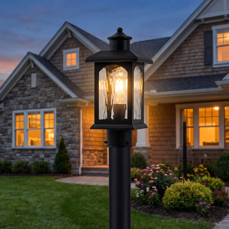 C Cattleya 14.5" Matte Black Outdoor Post Lantern with Water Ripple Glass