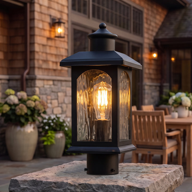 C Cattleya 14.5" Matte Black Outdoor Post Lantern with Water Ripple Glass