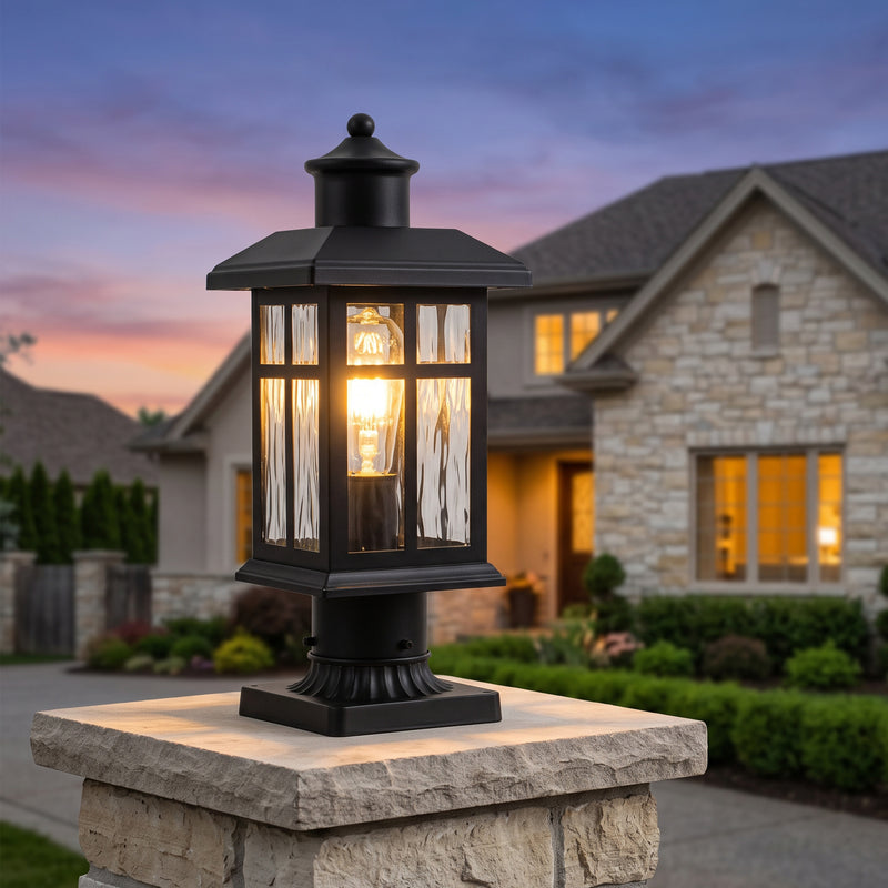 C Cattleya 14.5" Matte Black Outdoor Post Lantern with Grid Frame and Water Ripple Glass