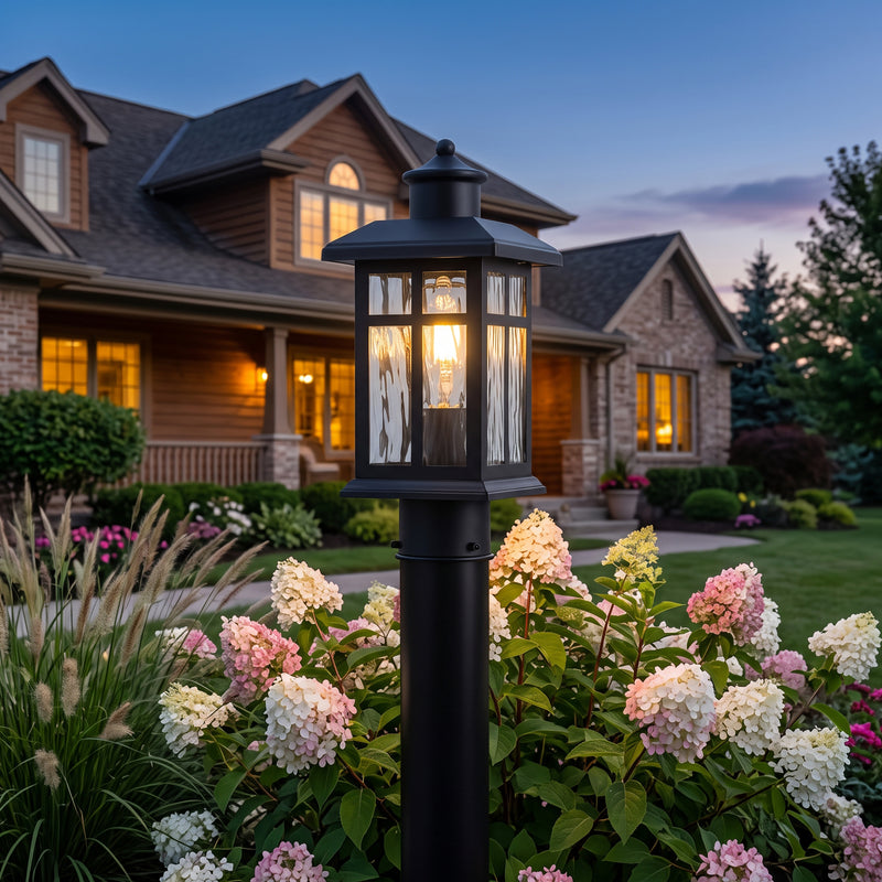 C Cattleya 14.5" Matte Black Outdoor Post Lantern with Grid Frame and Water Ripple Glass