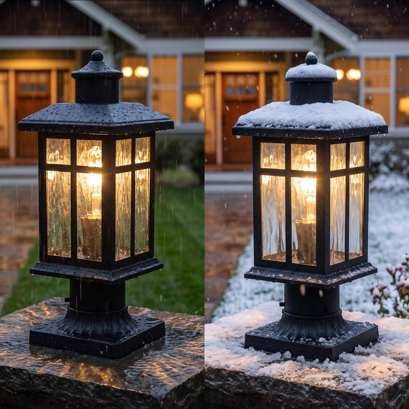 C Cattleya 14.5" Matte Black Outdoor Post Lantern with Grid Frame and Water Ripple Glass