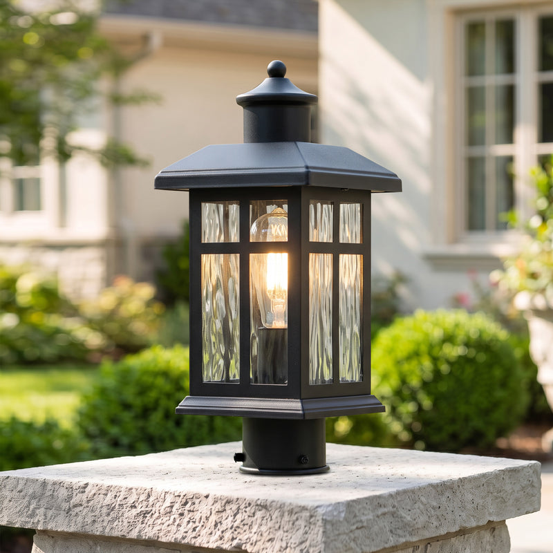 C Cattleya 14.5" Matte Black Outdoor Post Lantern with Grid Frame and Water Ripple Glass