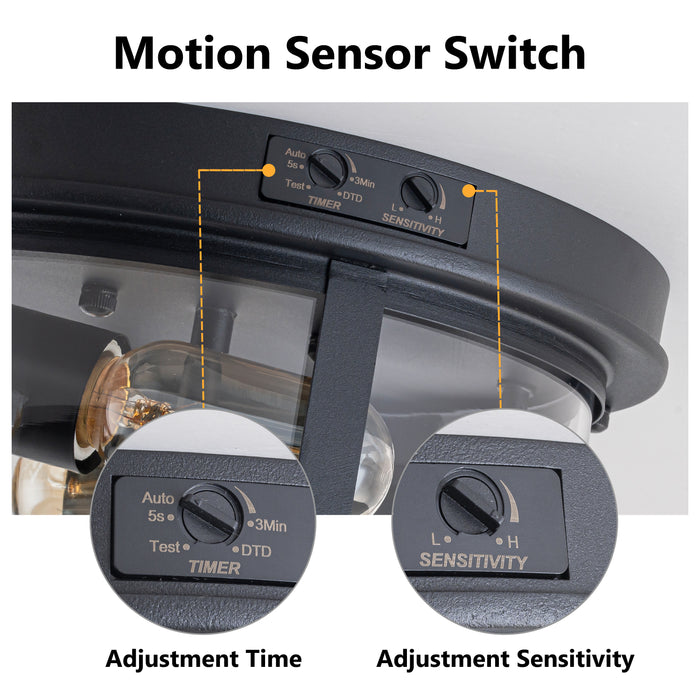 2-Light Black Motion Sensor Dusk to Dawn Outdoor Flush Mount Ceiling Light with Clear Glass Shade (1-Pack)