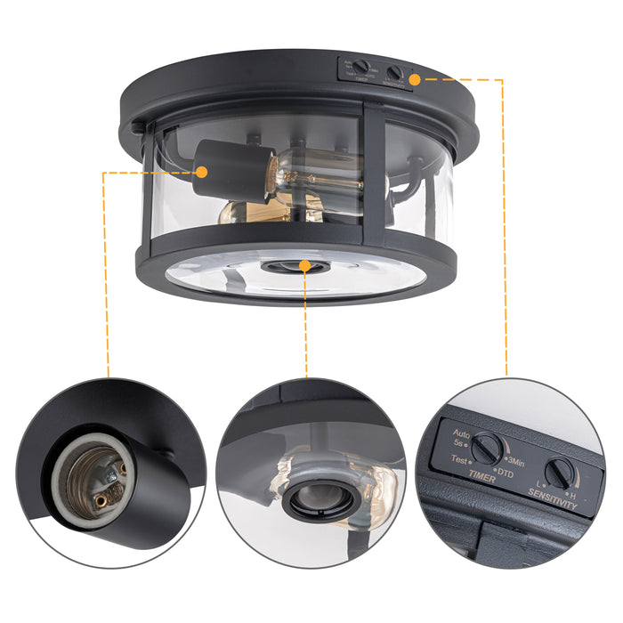 2-Light Black Motion Sensor Dusk to Dawn Outdoor Flush Mount Ceiling Light with Clear Glass Shade (1-Pack)