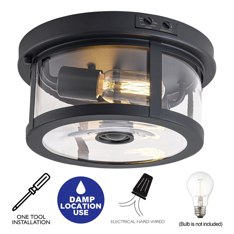 2-Light Black Motion Sensor Dusk to Dawn Outdoor Flush Mount Ceiling Light with Clear Glass Shade (1-Pack)
