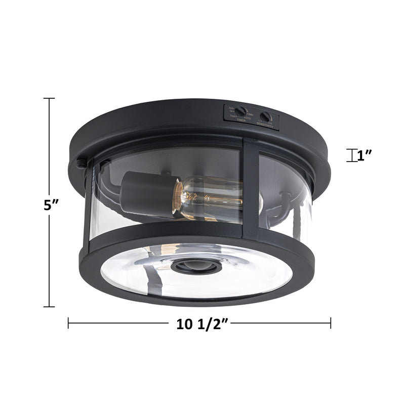 2-Light Black Motion Sensor Dusk to Dawn Outdoor Flush Mount Ceiling Light with Clear Glass Shade (1-Pack)