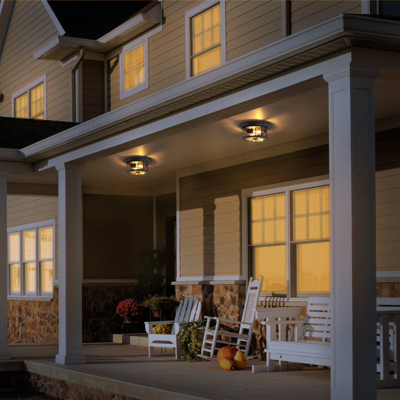 2-Light Black Motion Sensor Dusk to Dawn Outdoor Flush Mount Ceiling Light with Clear Glass Shade (1-Pack)