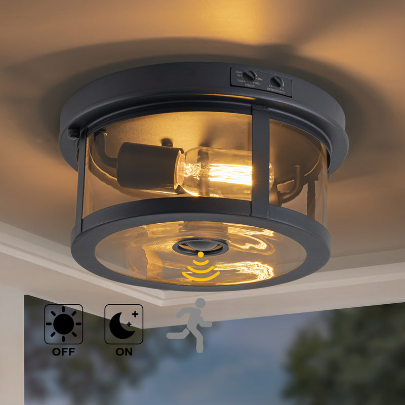 2-Light Black Motion Sensor Dusk to Dawn Outdoor Flush Mount Ceiling Light with Clear Glass Shade (1-Pack)