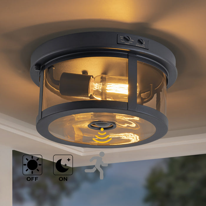 2-Light Black Motion Sensor Dusk to Dawn Outdoor Flush Mount Ceiling Light with Clear Glass Shade (1-Pack)