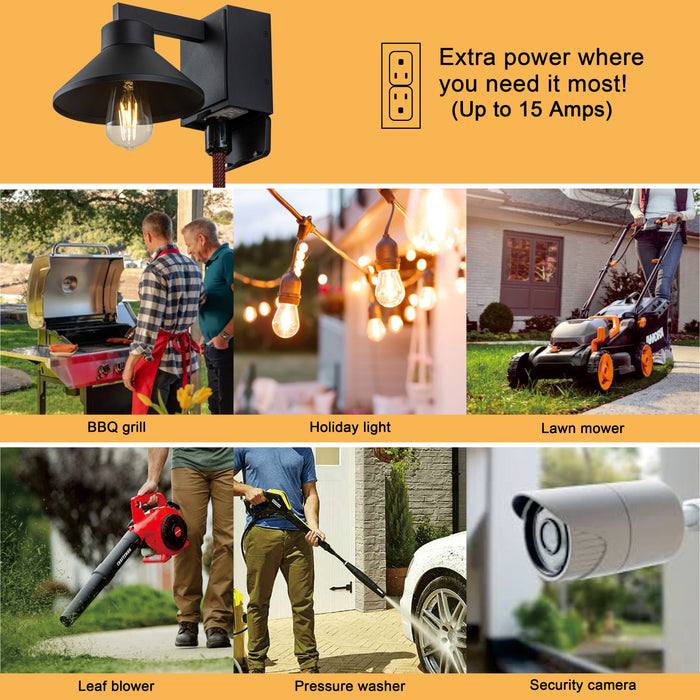 2-Pack Matte Black Outdoor Barn Light Built-In GFCI Outlets