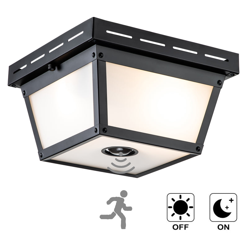 2-Light Matte Black Motion Sensor Flush Mount Light with White Textured Glass