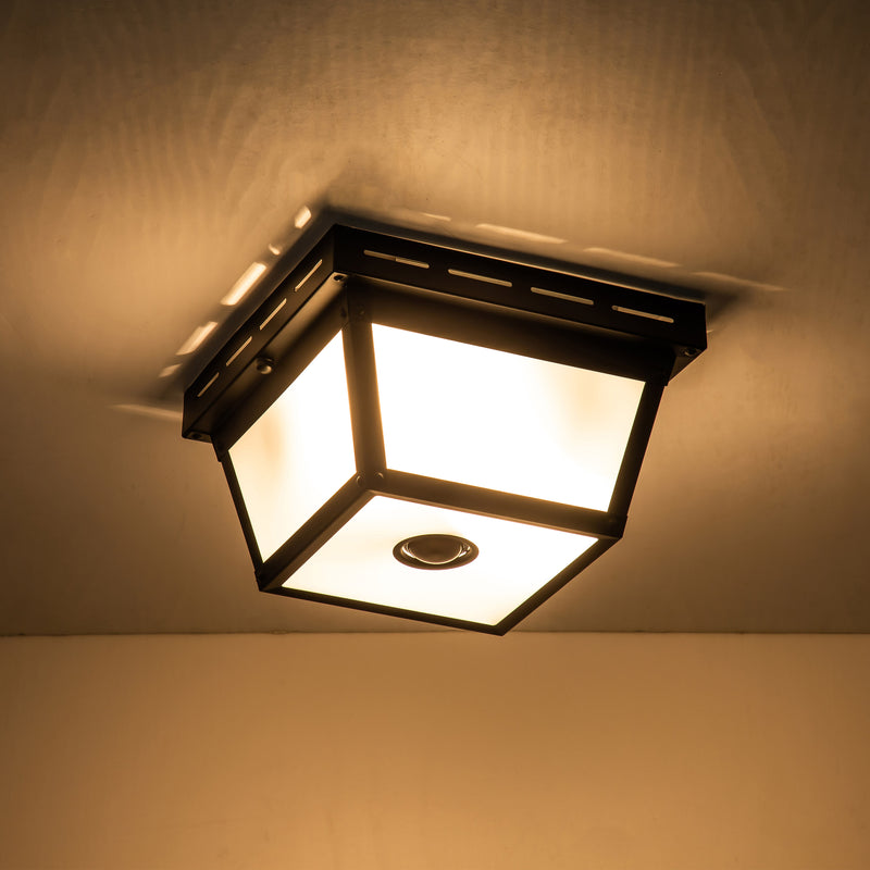 2-Light Matte Black Motion Sensor Flush Mount Light with White Textured Glass