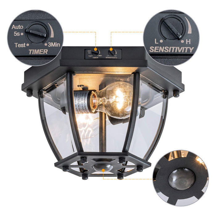 2-Light Matte Black Motion Sensor Flush Mount Light with clear glass