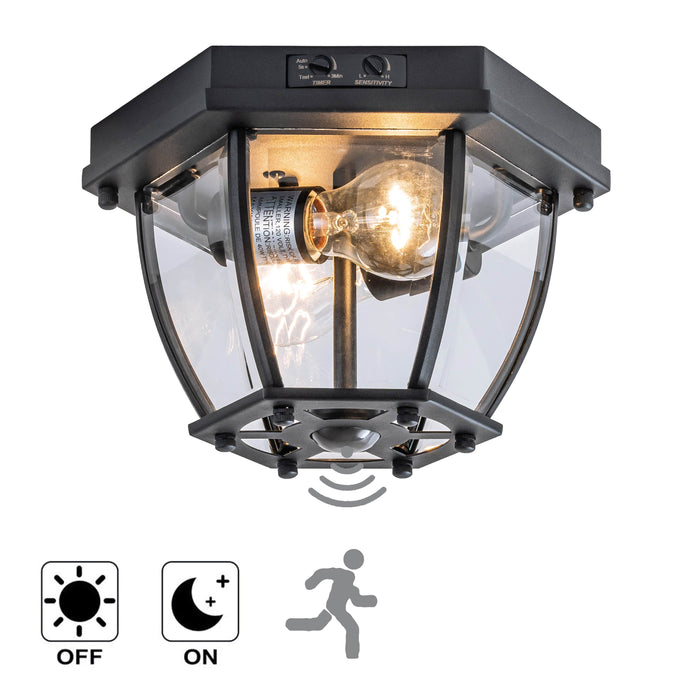 2-Light Matte Black Motion Sensor Flush Mount Light with clear glass