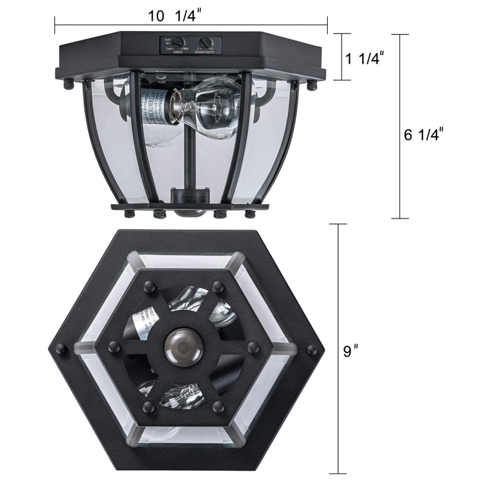 2-Light Matte Black Motion Sensor Flush Mount Light with clear Glass