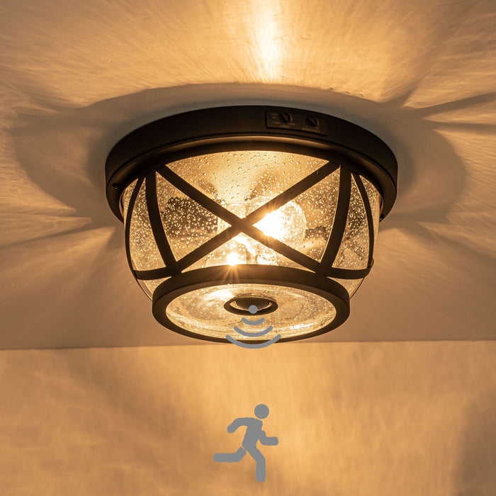 Motion Sensing Raindrop Glass Outdoor Flush Mount Ceiling Light