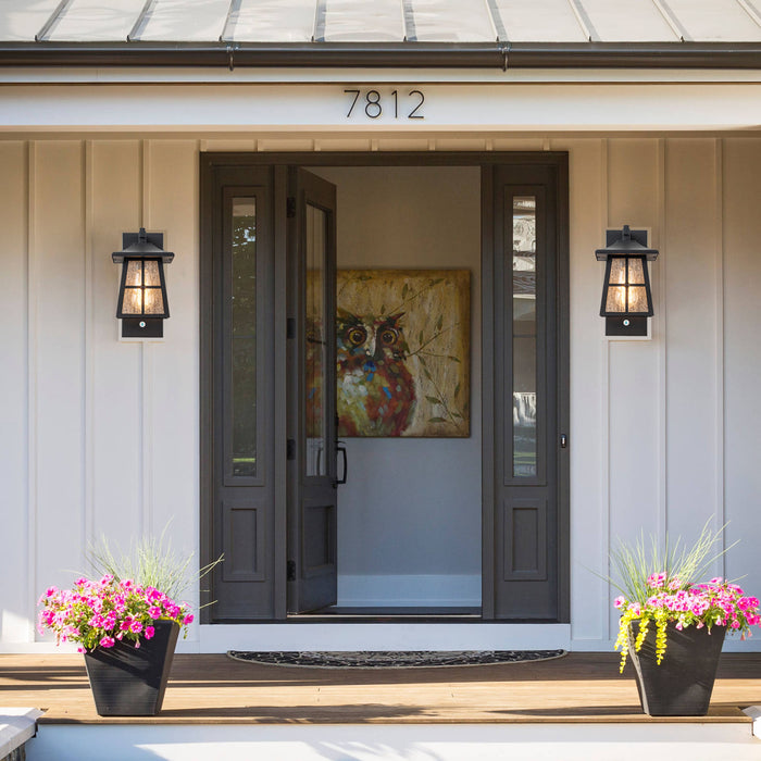 Matte Black Aluminum Outdoor Wall Lantern with Seeded Glass and Doorbell