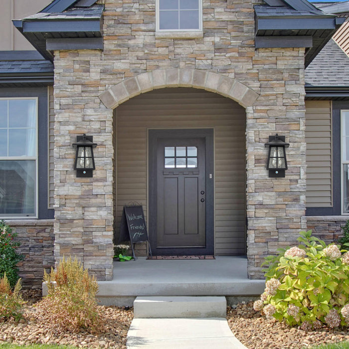 Matte Black Aluminum Outdoor Wall Lantern with Seeded Glass and Doorbell