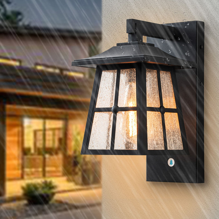 Matte Black Aluminum Outdoor Wall Lantern with Seeded Glass and Doorbell