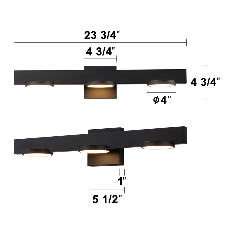 3-Light Black Aluminum LED Vanity Light with Frosted Acrylic Shade