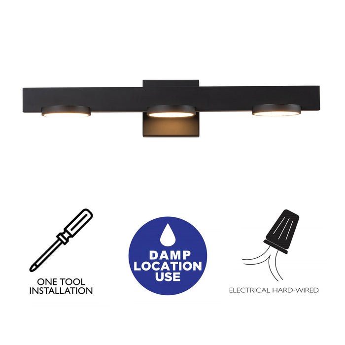 3-Light Black Aluminum LED Vanity Light with Frosted Acrylic Shade