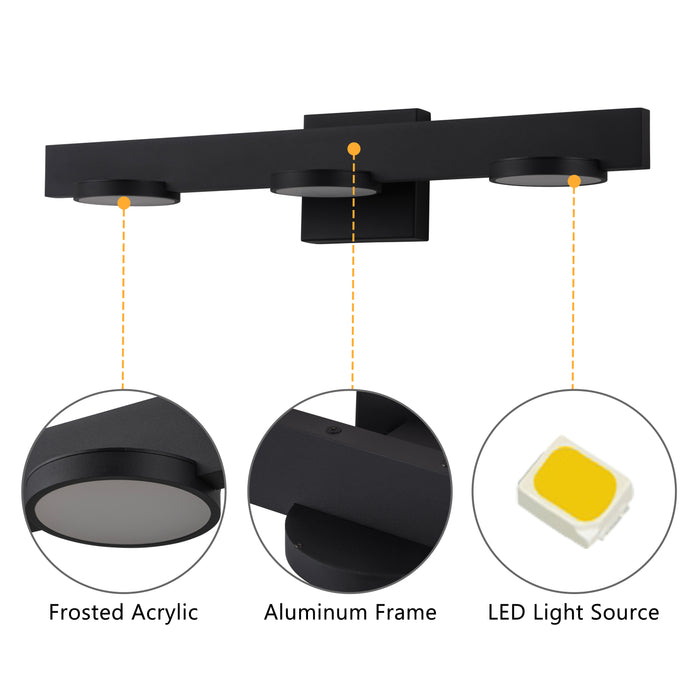 3-Light Black Aluminum LED Vanity Light with Frosted Acrylic Shade
