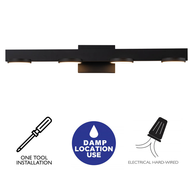 4-Light Black Aluminum LED Vanity Light with Frosted Acrylic Shade