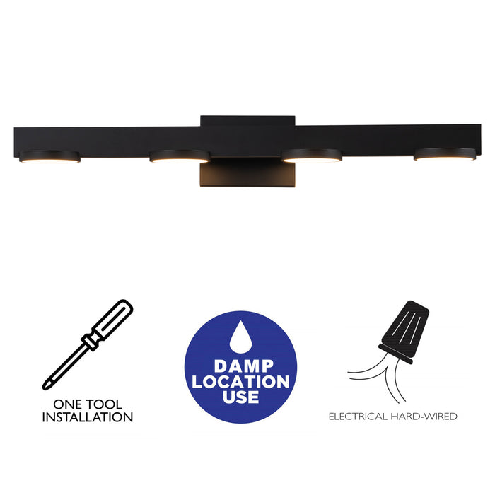 4-Light Black Aluminum LED Vanity Light with Frosted Acrylic Shade